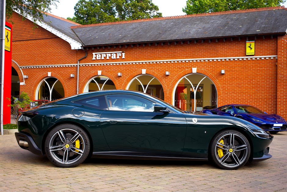 Luxurious green Ferrari showcased at a UK dealership, highlighting sleek design and sportiness